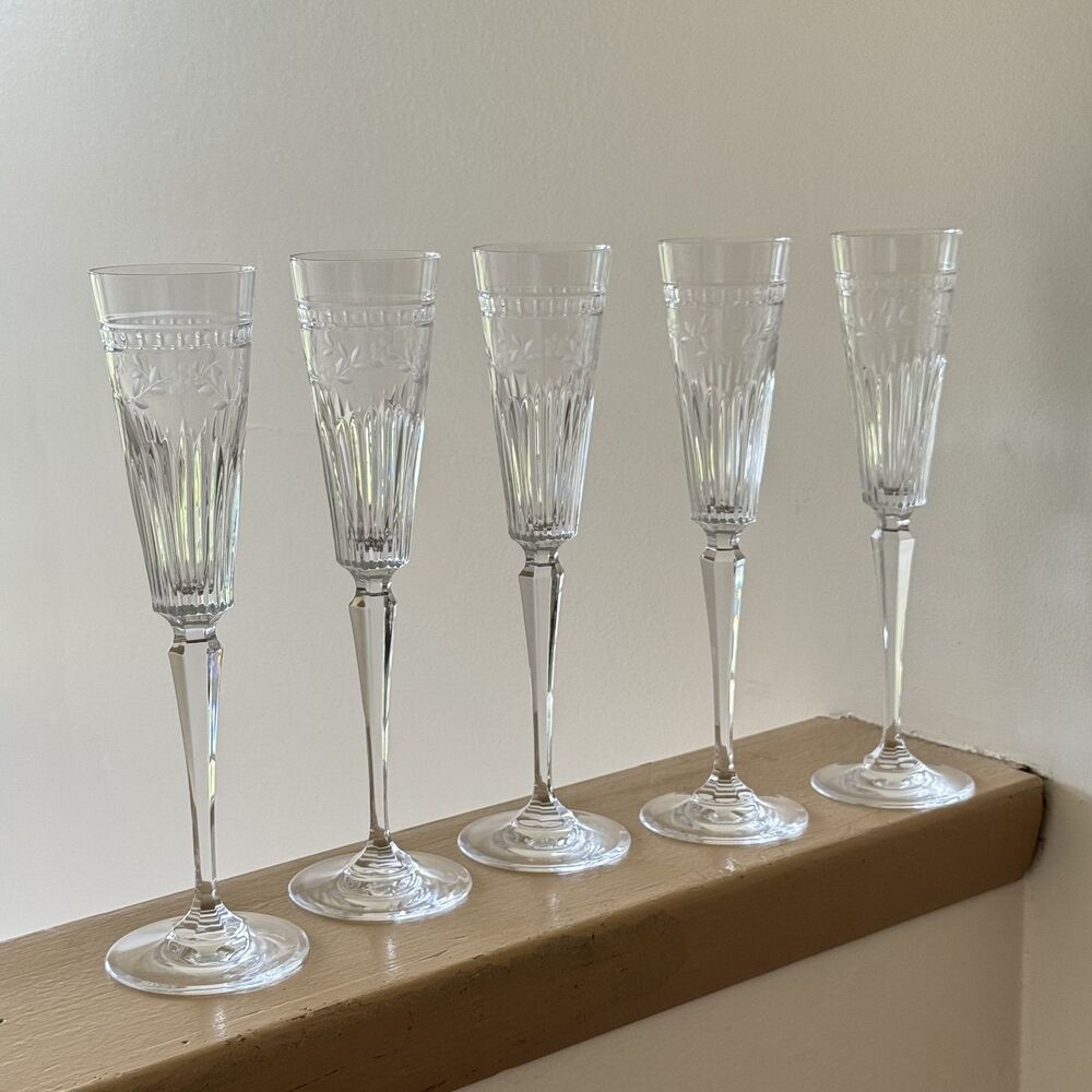 Vintage Mikasa Croton Cut Crystal Fluted Long Champagne Flutes 5 Pcs
